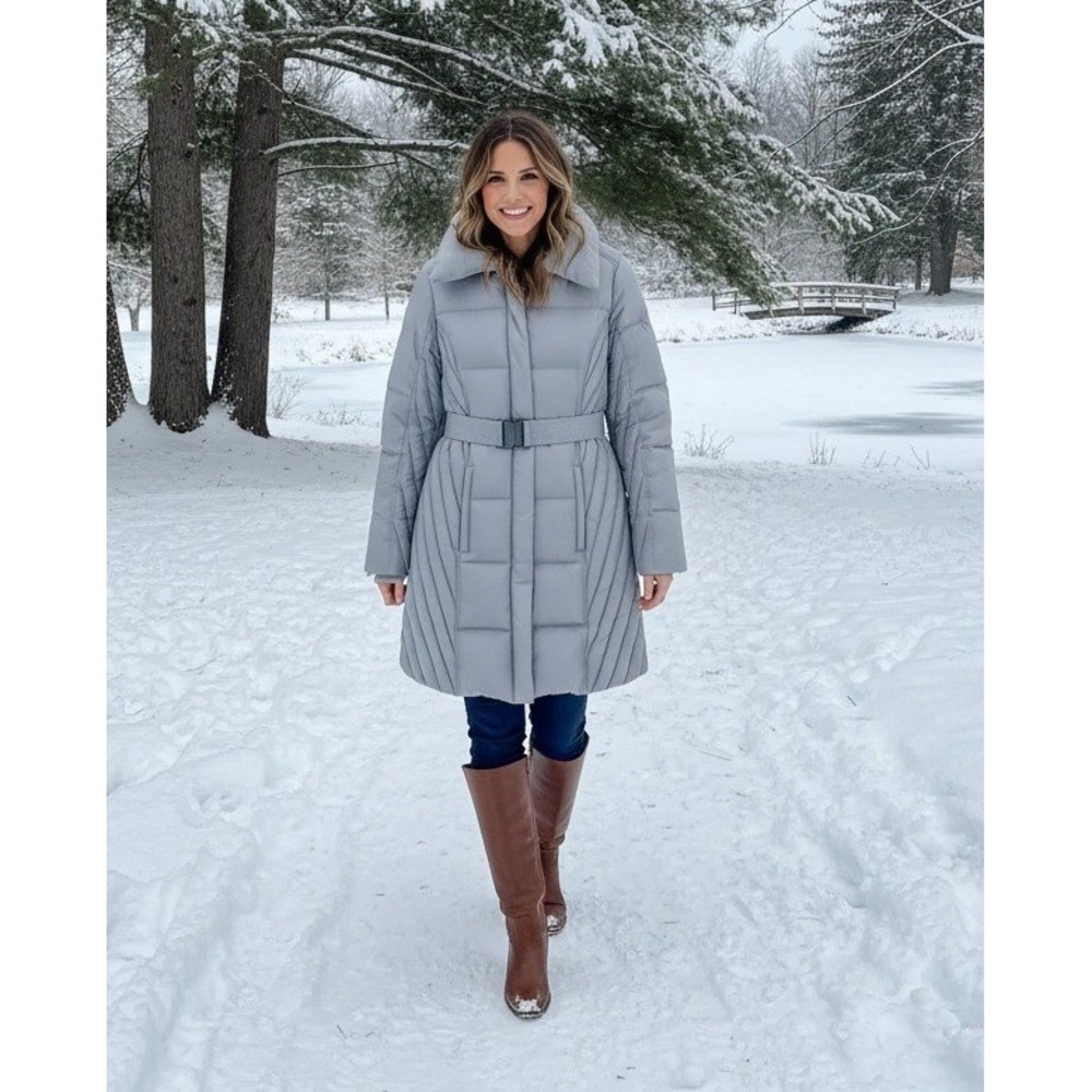 Worthington Women's Puffer Coat Size L Gray Belted Collar Warm Winter Old Money